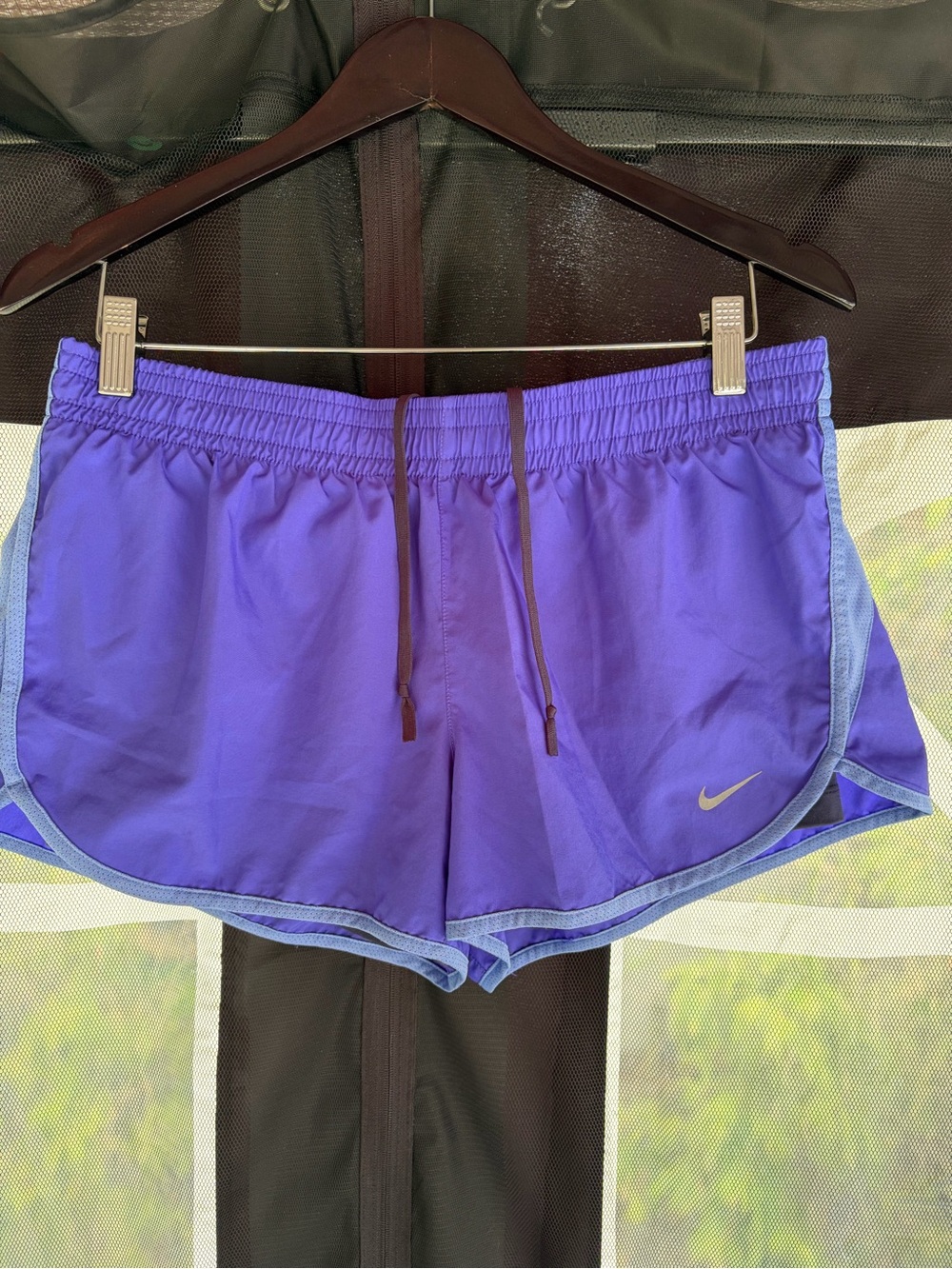 Nike Women's Purple Athletic Shorts with Light Blue Trim